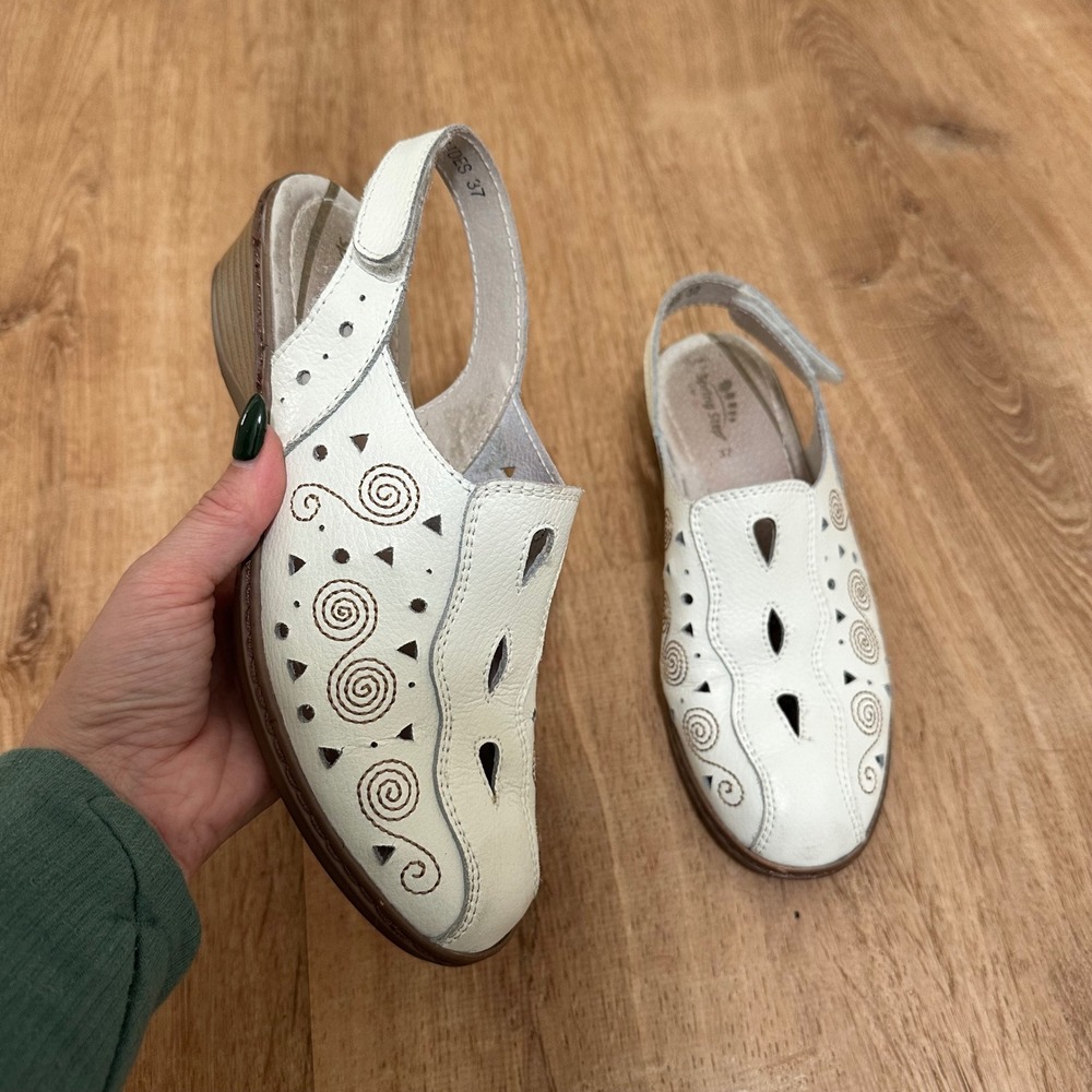 Spring Step | Tides Leather Perforated Embroidered Slingback Wedge Sandals, 37